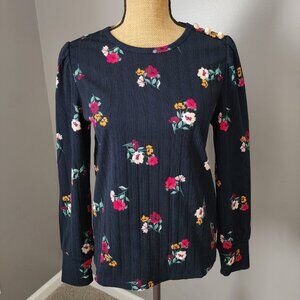 LOFT Navy Floral Ribbed Long Sleeve Top w/ Buttons | Women's Medium